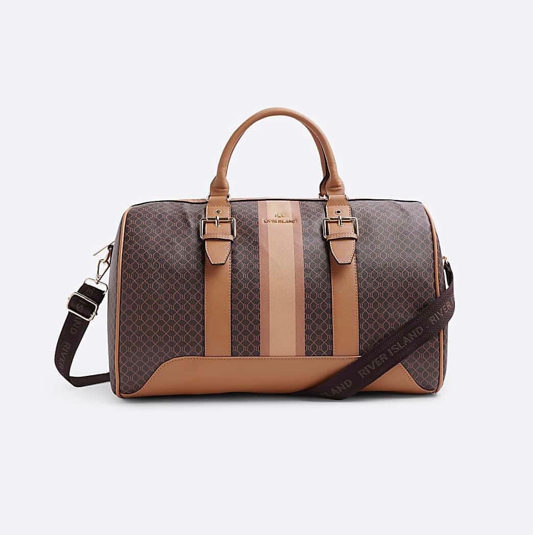 River Island Brown Monogram Stripe Weekend Travel Bag