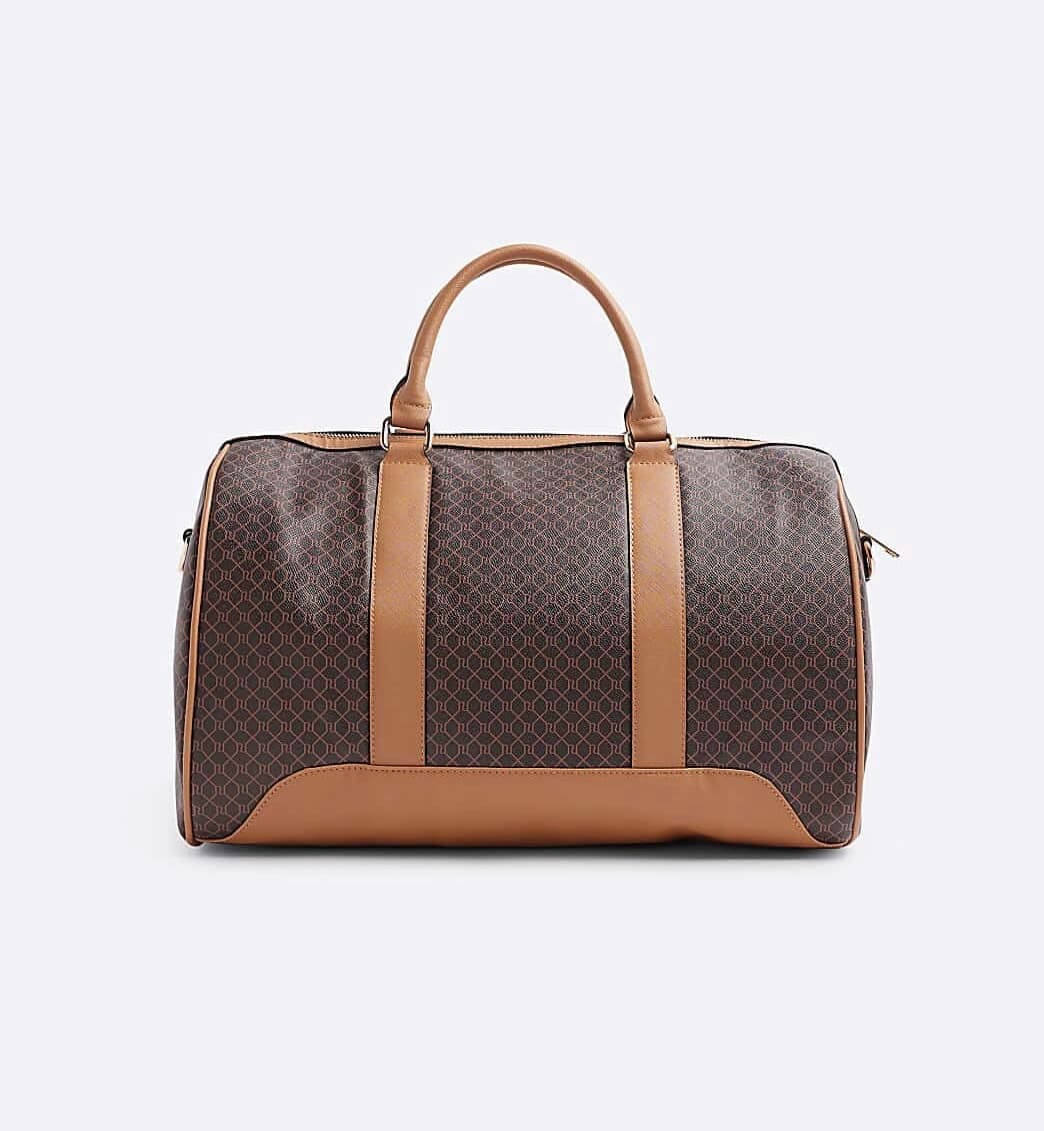 River Island Brown Monogram Stripe Weekend Travel Bag