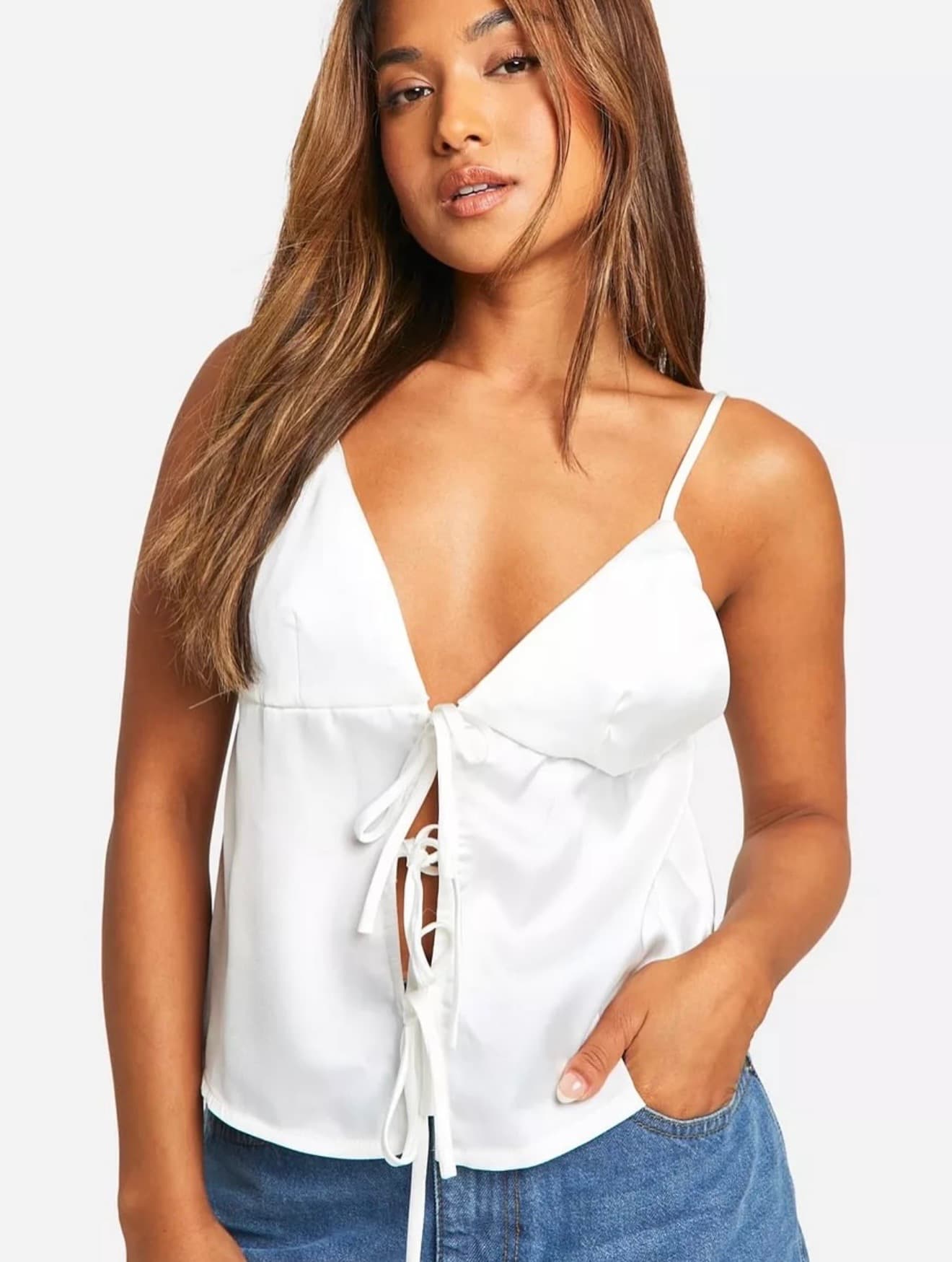 Boohoo White Tie-Front Satin Cami Top