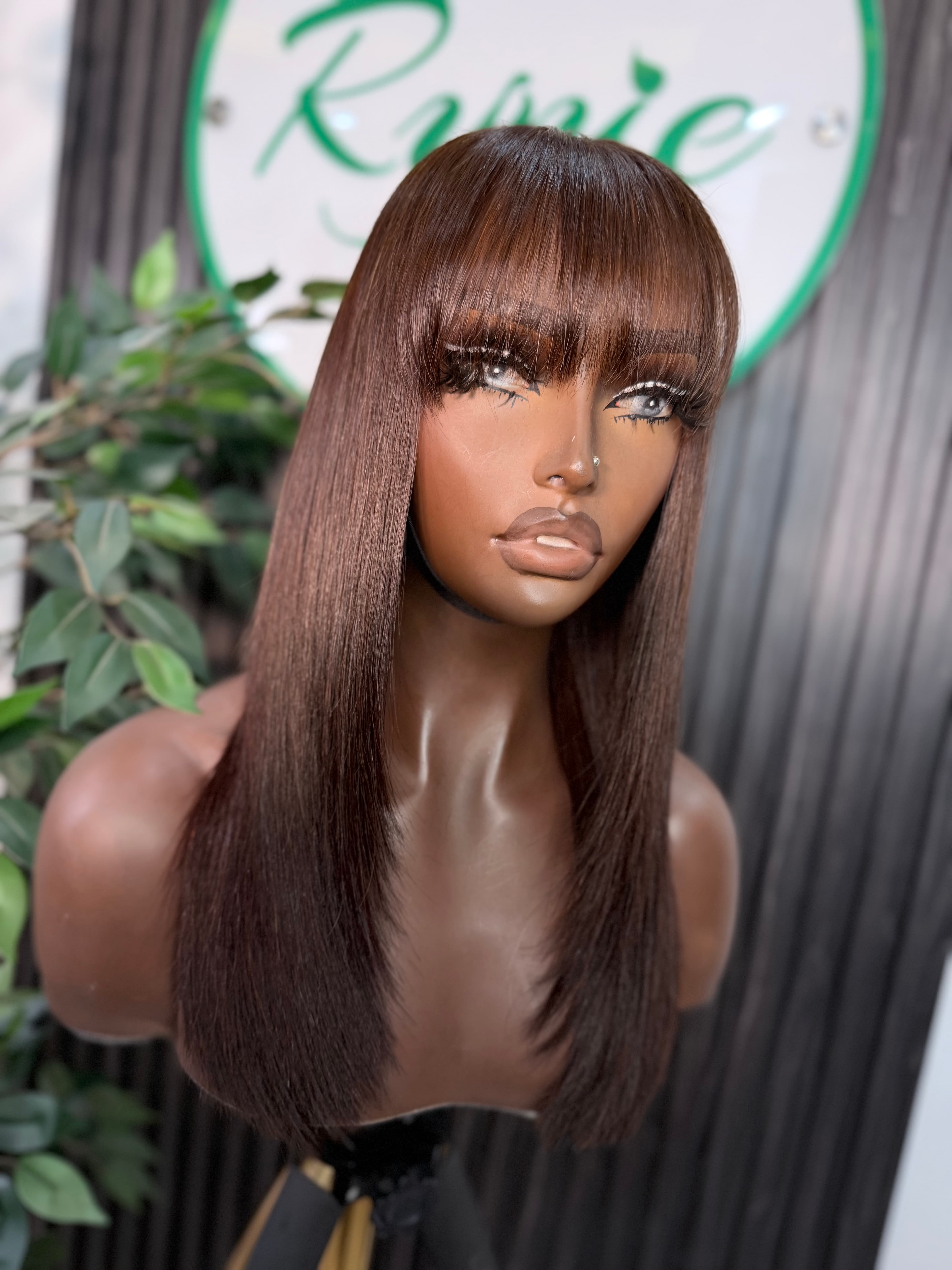 Dark Brown Bone Straight Fringe Wig - 2x6 Closure