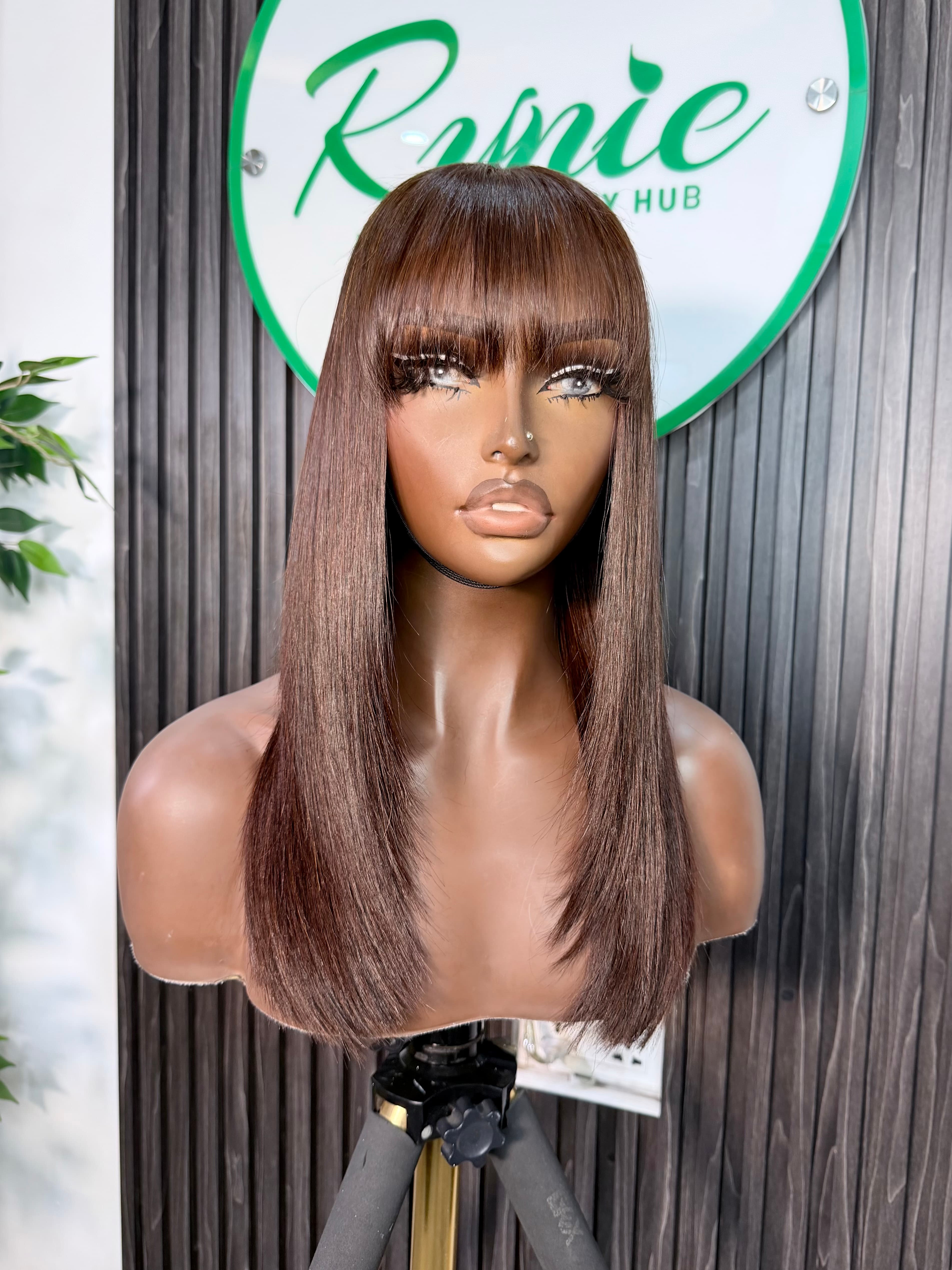 Dark Brown Bone Straight Fringe Wig - 2x6 Closure