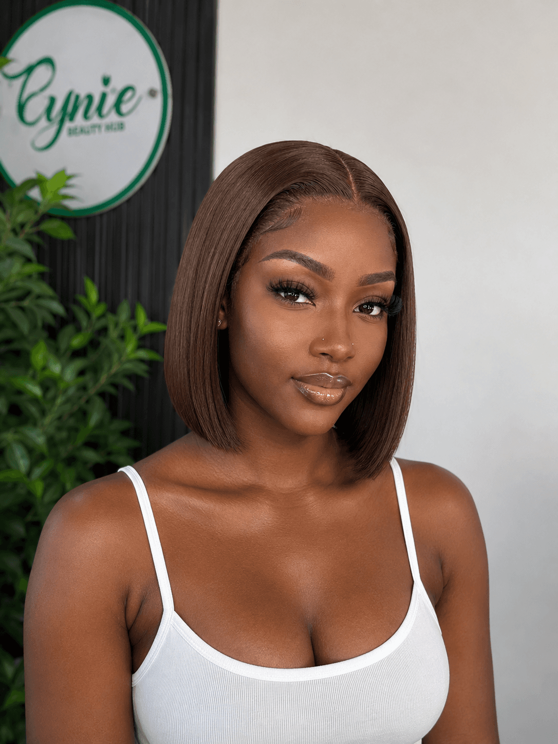 8" Chocolate Brown Bone Straight Bob Wig - 2x6 Closure