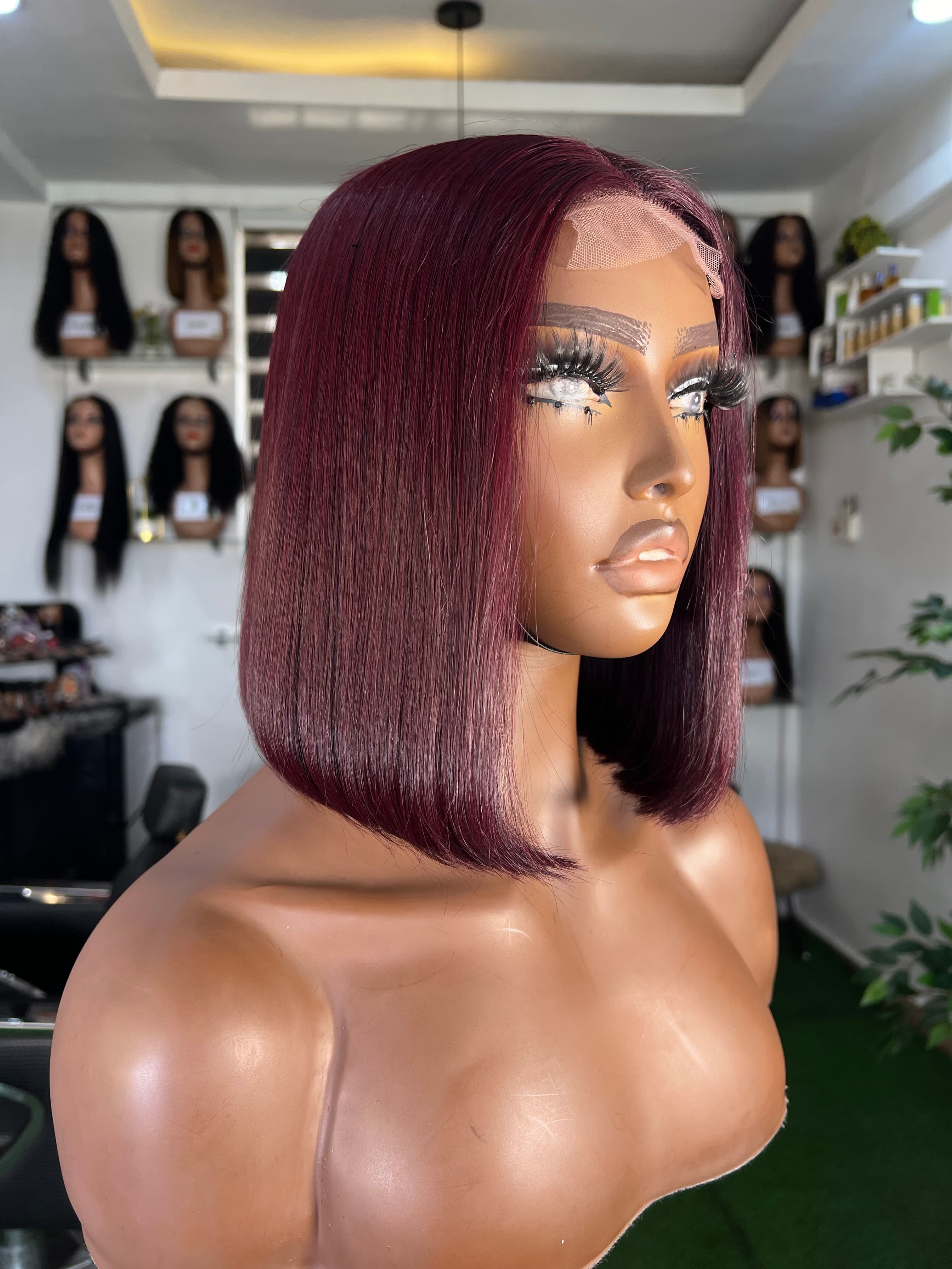 Dark Burgundy Bone Straight Bob Wig - 2x6 Closure