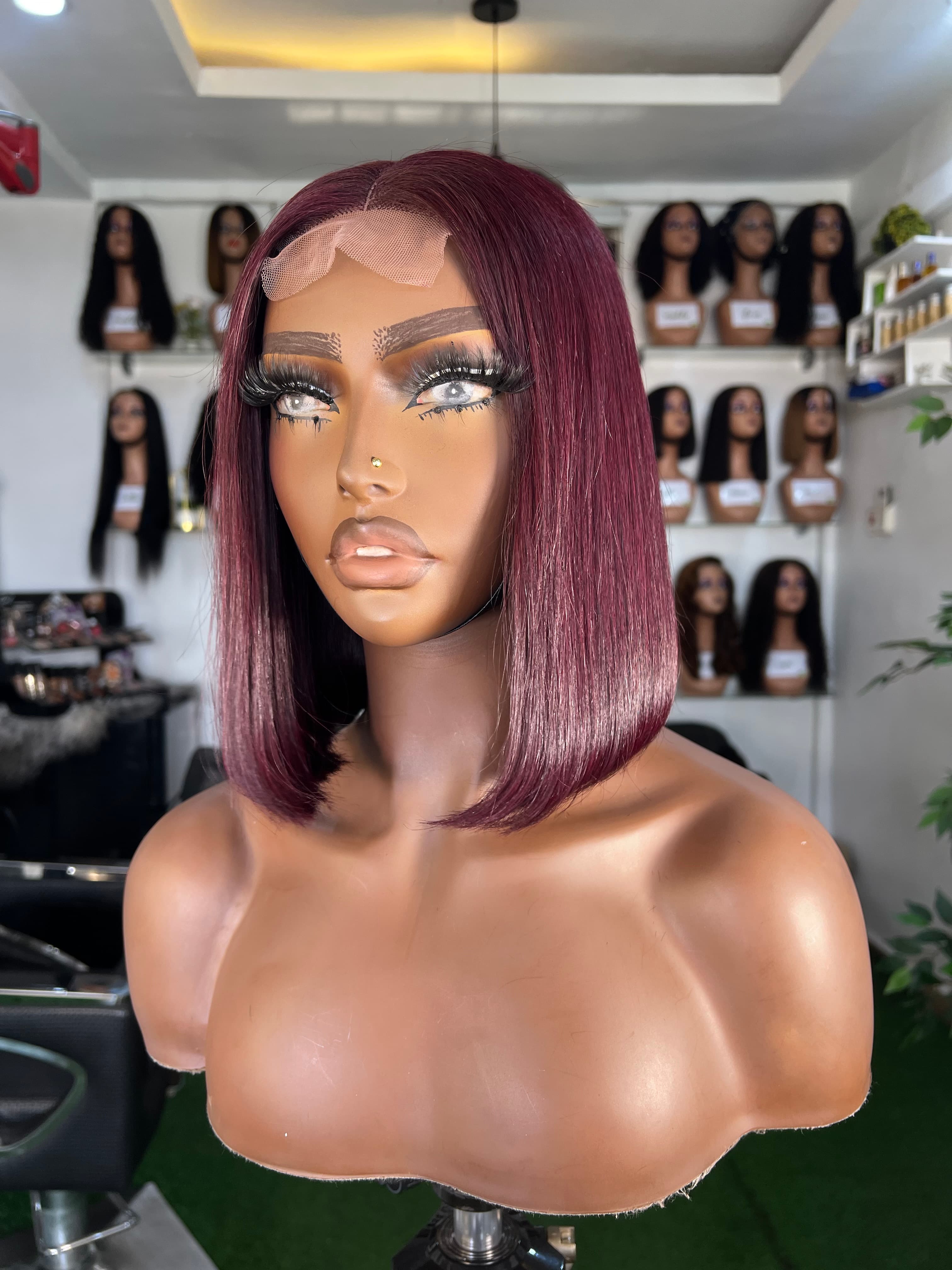 Dark Burgundy Bone Straight Bob Wig - 2x6 Closure
